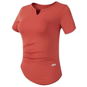 T-Shirt de Sport Femme Coupe Ajustée Manches Courtes Côté Froncé Col à Encoche Top de Yoga Séchage Rapide Fitness