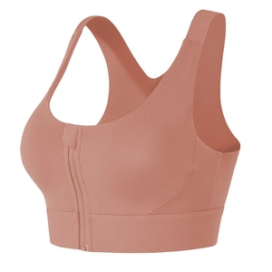 Women's high-impact sports bra in dusty rose with front zipper and wide straps
