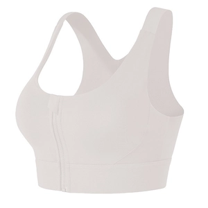 Front zipper detail on high-impact white sports bra with supportive wide straps