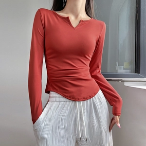 Women's V-Neck Slim Fit Yoga Top Ruched Side Long Sleeve Fitness Top With Chest Pad Nylon Spandex Quick Dry Sports Shirt