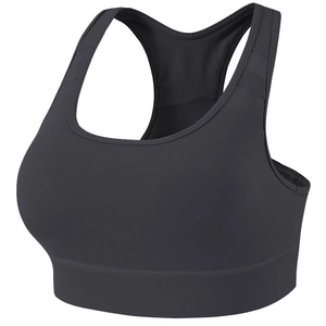 High-impact racerback sports bra in dark gray featuring breathable mesh and support band