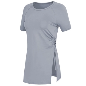 T-shirt de yoga gris à séchage rapide avec cordon de serrage et fente latérale