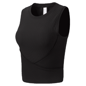 Canotta sportiva da donna in maglia a coste nera con orlo incrociato e design senza maniche