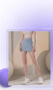 Detail of high waisted wide elastic waistband on mist blue quick dry athletic skort
