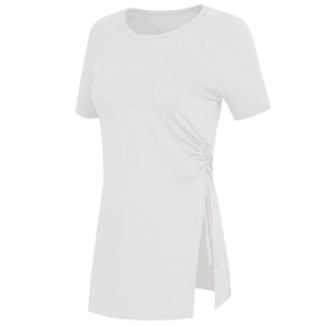 T-shirt de yoga blanc à séchage rapide avec cordon de serrage et ourlet fendu