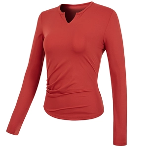 Women's V-neck quick-dry yoga long sleeve top with side rouching in dark red