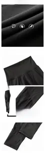 Detail view of high waist yoga pants featuring breathable mesh patchwork and elastic fabric