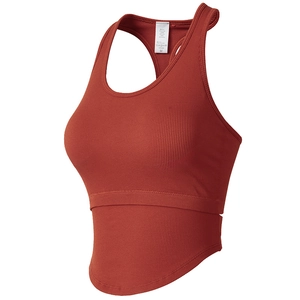 Gilet de Sport pour Femme en Maille Côtelée Dos Nageur Nylon Évacuation de l'Humidité Top de Fitness Court Ourlet Incurvé Débardeur de Yoga
