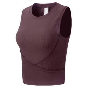 Canotta Sportiva da Donna in Maglia a Costine Aderente Senza Maniche Girocollo Crop Top Con Orlo Incrociato Yoga Top