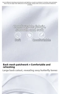 Detail view of white sports bra featuring breathable back mesh panels and open back design