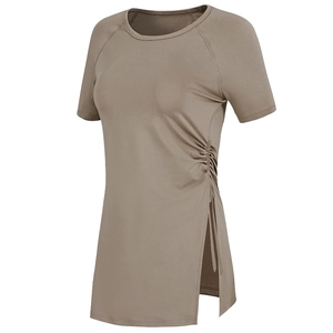 T-Shirt de Sport Décontracté à Manches Courtes pour Femmes Top de Yoga Séchage Rapide Mélange de Polyester Cordon Latéral Fendu Gym