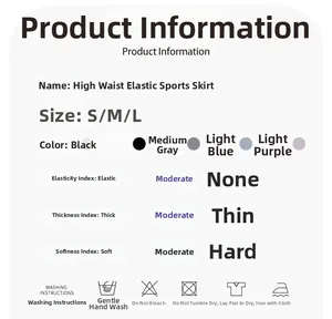 Size chart for high-waisted elastic sports skirt showing fit and fabric specifications