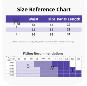 Size chart for women's sports shorts including waist, hip, and length measurements
