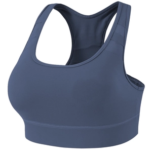 Blue-gray racerback sports bra with breathable mesh panels and wide elastic band