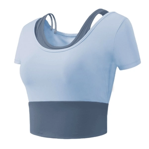Haut court de yoga deux-pièces bleu ciel et gris foncé avec col en U pour le fitness