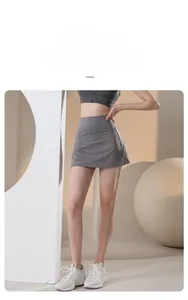 Detail of high waisted dark grey athletic skort for tennis and fitness training