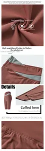 Detailed views of high waist yoga shorts featuring contrast panels and flatlock stitching