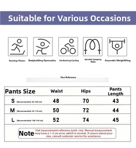 Size chart for women high waist sports shorts with waist hips and length measurements