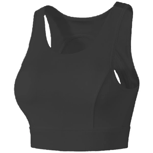 Detail of black mesh sports bra featuring wide straps and high-elasticity racerback design