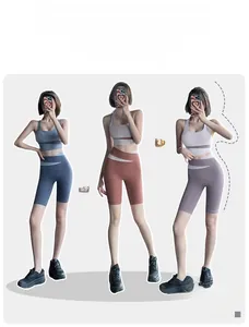 Detail of high waist biker shorts with curved contrast stitching in various colorways
