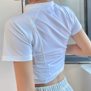 Women's white half-zip sports t-shirt with breathable mesh back and slim fit cut