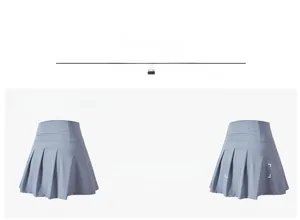 Front and back view of a high-waisted pleated tennis skirt in light blue quick-dry fabric