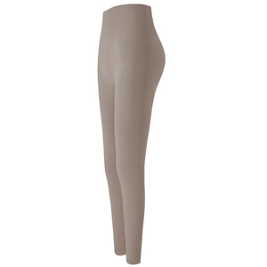 High-waisted taupe yoga leggings with tummy control and butt-lifting compression design