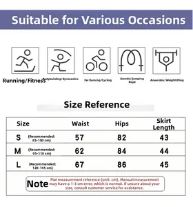 Detailed size chart for women's high-waisted fitness shorts with waist and hip measurements