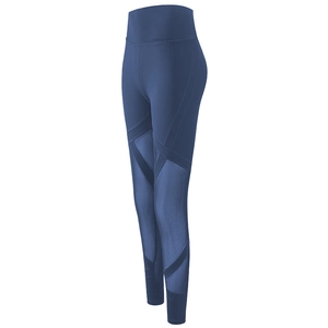 High-waisted navy blue yoga leggings with mesh panels for breathable athletic performance