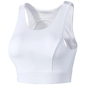 White high-impact sports bra with wide straps and back cutout for yoga and fitness