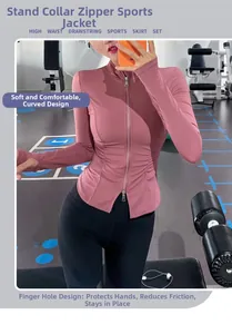 Detail der eng anliegenden rosa Yoga-Jacke mit Daumenloch-Manschetten und Stehkragen