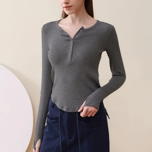 T-Shirt de Yoga Henley à Côtes Coupe Ajustée pour Femme Manches Longues Haut Sportif Évacuant l'humidité Avec Passe-Pouce T-Shirt de Course Fitness Gym