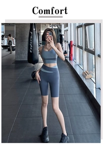 Close-up of high-waist fitness shorts with color-block panels and seamless stitching