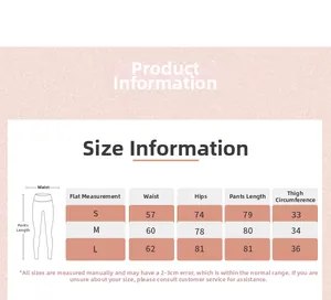 Size chart showing waist, hip, length and thigh measurements for yoga pants