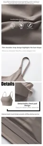 Detail of soft modal yoga top with slim straps and removable padded cups for comfort