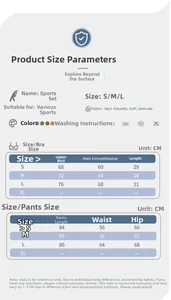 Detailed size chart for women's yoga set including sports bra and leggings measurements