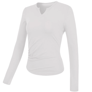 White long sleeve yoga top with V-neck, side ruching, and built-in chest pads for women