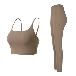 Two-piece quick-dry yoga set featuring spaghetti strap sports bra and high-waisted leggings