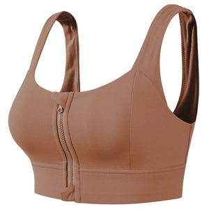 Soutien-gorge de sport marron à zip frontal et larges bretelles pour maintien fitness