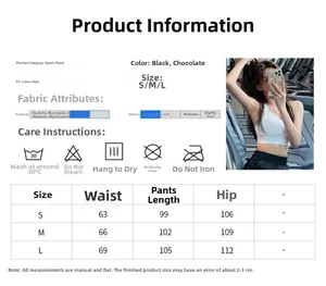 Detailed size chart for high waist sports pants with fabric care icons and model preview