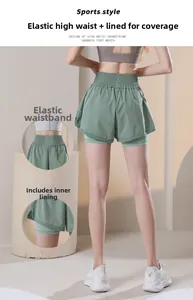 Detail view of high waist elastic band and built-in lining of green sports shorts