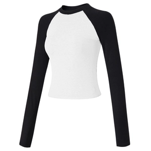Haut en Maille Côtelée à Manches Raglan pour Femmes Sportif Couleur Contrastée Manches Longues Yoga Course T-Shirt Ajusté