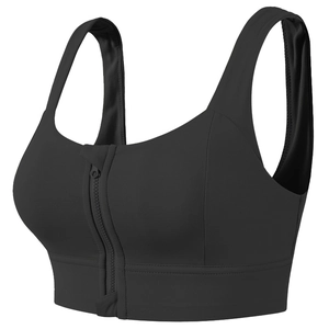 Reggiseno sportivo nero con cerniera frontale e spalline larghe per yoga e corsa