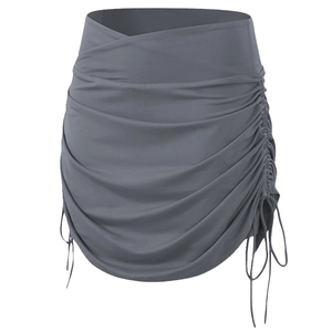 Deep grey high-waisted ruched sports skort with crossover waist and side drawstrings