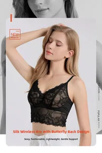 Close-up of black silk lace bralette featuring a wireless butterfly open back design