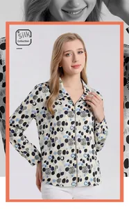 Detailed view of women's silk shirt featuring geometric dot print and zipper collar