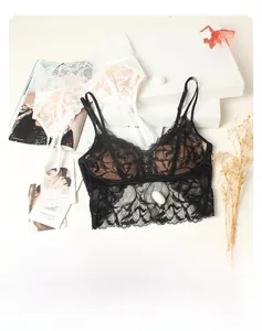 Detail of lace bralette featuring 93% mulberry silk lining and soft wireless support