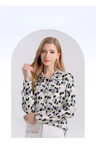 Detail of silk print shirt with turn-down collar and metal zipper closure for women