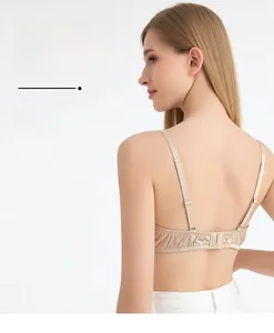 Detailed back view of champagne silk lace bra featuring adjustable straps and hook closure