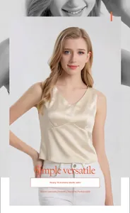 Detail of V-neck champagne silk camisole in 16mm elastic satin crepe fabric
